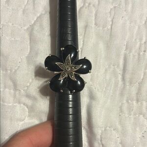 Black Flower Ring with Silver Accents